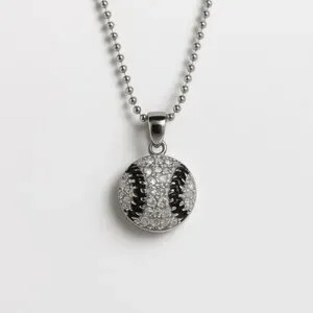 Silver Baseball Pendant Necklace with Gems